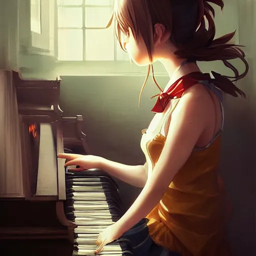 Image similar to anime girl Playing the Piano instrument , digital Art, Greg rutkowski, Trending cinematographic artstation