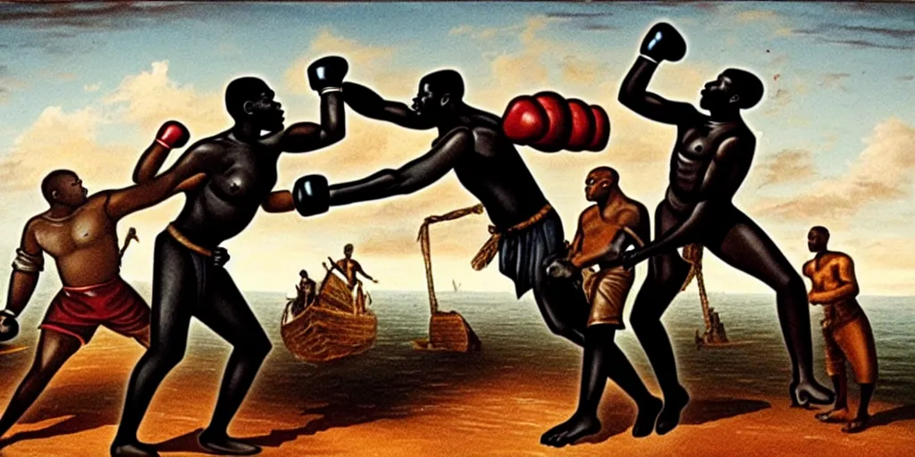 Prompt: giant african man punching a slave ship