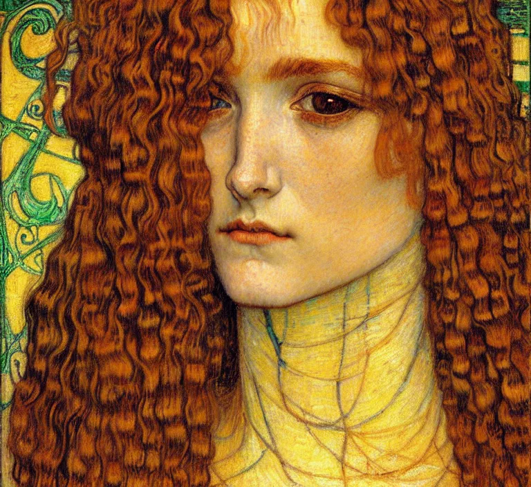 Image similar to detailed realistic beautiful young medieval queen face portrait by jean delville, gustav klimt and vincent van gogh, art nouveau, symbolist, visionary, gothic, pre - raphaelite, muted earthy colors, desaturated