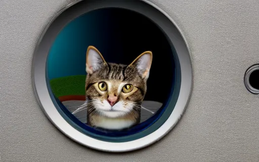 Image similar to The cat looks out the porthole, background planet in space