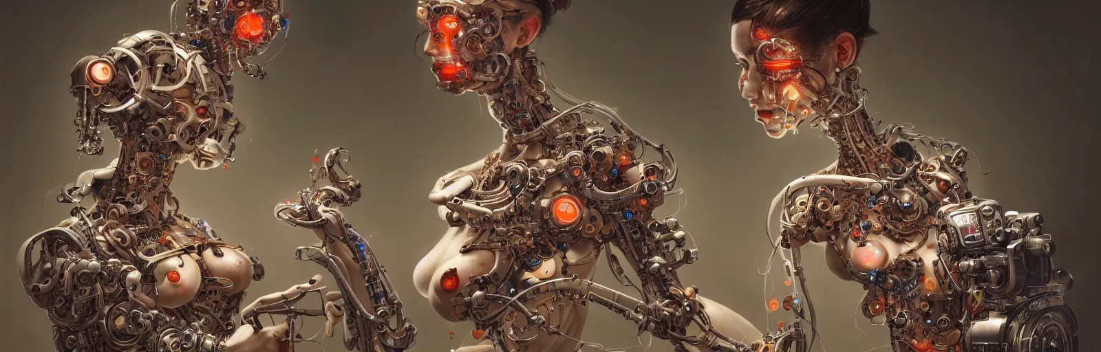 Prompt: hyperrealistic photography of a gorgeous fleshy cyborg assisting an aggrandisement machine with clockwork echanisms in the style of Jin Kagetsu, James Jean and wlop, highly detailed, masterpiece, award-winning, sharp focus, intricate concept art, ambient lighting, 8k, artstation