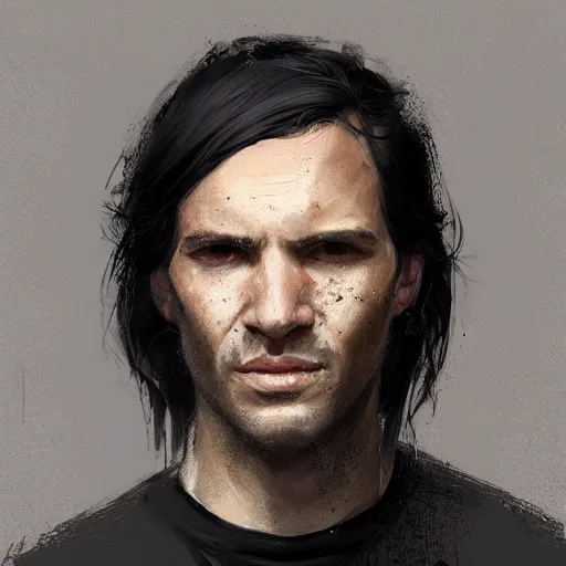 Prompt: Portrait of a man by Greg Rutkowski, he is about 30 years old, messy long black hair, tired appearance, roman nose, german features, wearing black t-shirt, highly detailed portrait, digital painting, artstation, concept art, smooth, sharp foccus ilustration, Artstation HQ.