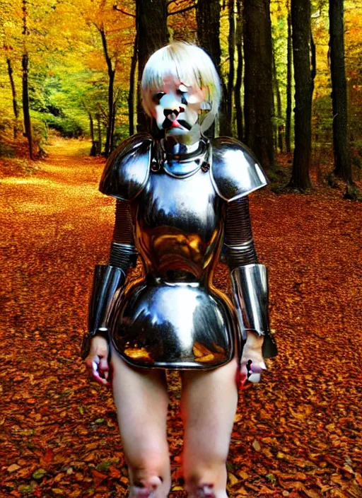 Prompt: a masterpiece hyperrealistic ultradetailed fullbody photograph of a lifelike real human anime girl wearing steel plate armor, autumn forest background, made by wlop, trending on artstation, crying, actual person, k - pop, rough skin pores texture, photoreal image, desaturated, 3 d rendered, unreal engine 5, extremely detailed, sharp focus, 4 k