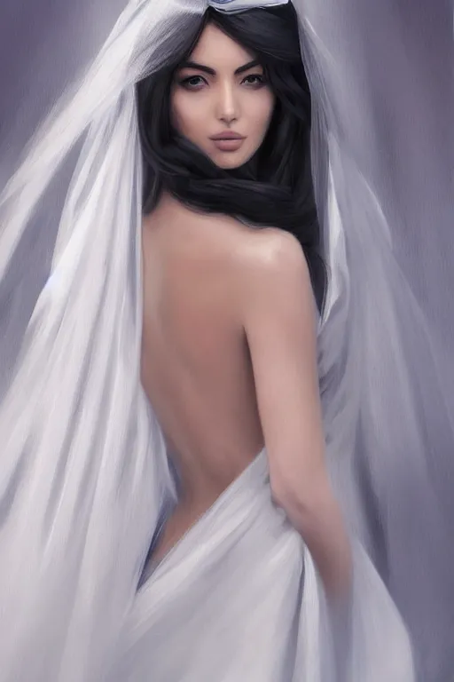 Prompt: back portrait of Ameera al-Taweel, blue eyes, long wavy black hair, fierce look, white veil, closeup, focus face, elegant, highly detailed, centered, digital painting, artstation, concept art, art by artgerm