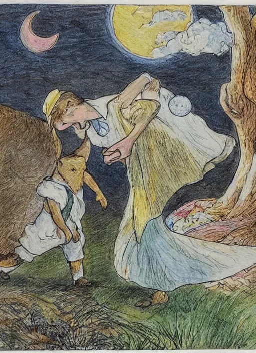 Prompt: half morning, half night, half moon, half sun, illustrated by peggy fortnum and beatrix potter and sir john tenniel