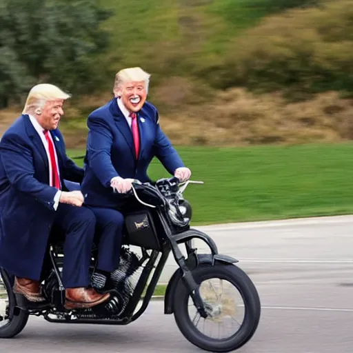 Image similar to joe biden and donald trump drunkenly riding two seater bike together, laughing and joking, photorealistic, detailed