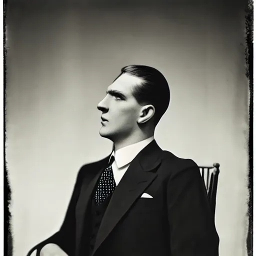 Prompt: a black and white photo of a man in a suit and tie, a colorized photo by george hurrell, dribble, vorticism, 1 9 2 0 s, studio portrait, handsome