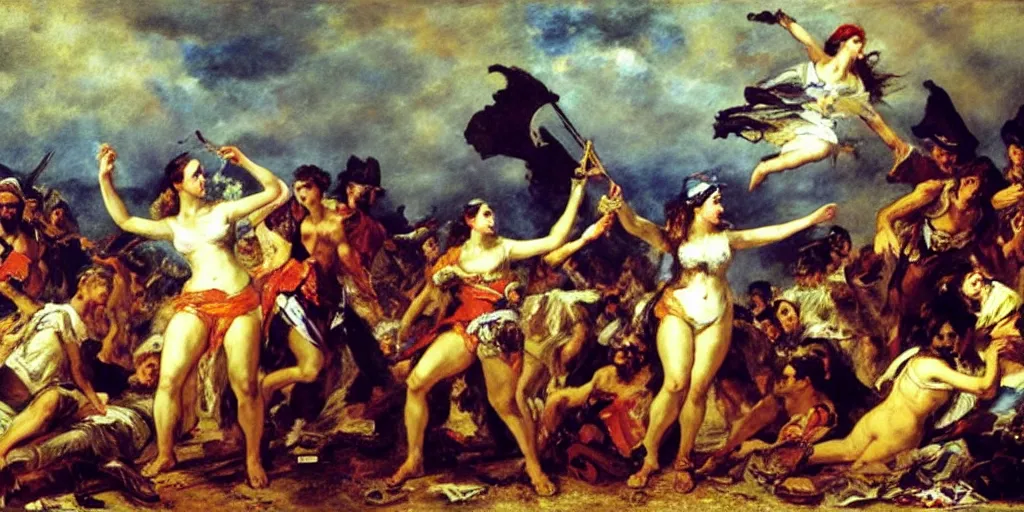 Prompt: eugene delacroix's Liberty Leading The People with rave, music festival and night clubbing characters