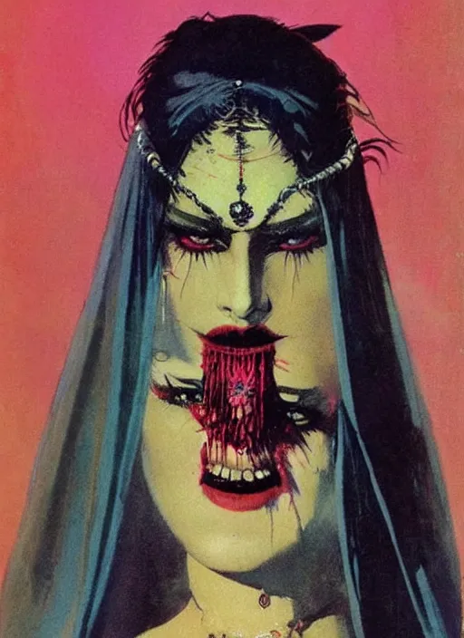 Image similar to female indian vampiress, jeweled veil, heavy mascara, strong line, saturated color, beautiful! coherent! by frank frazetta, high contrast, minimalism