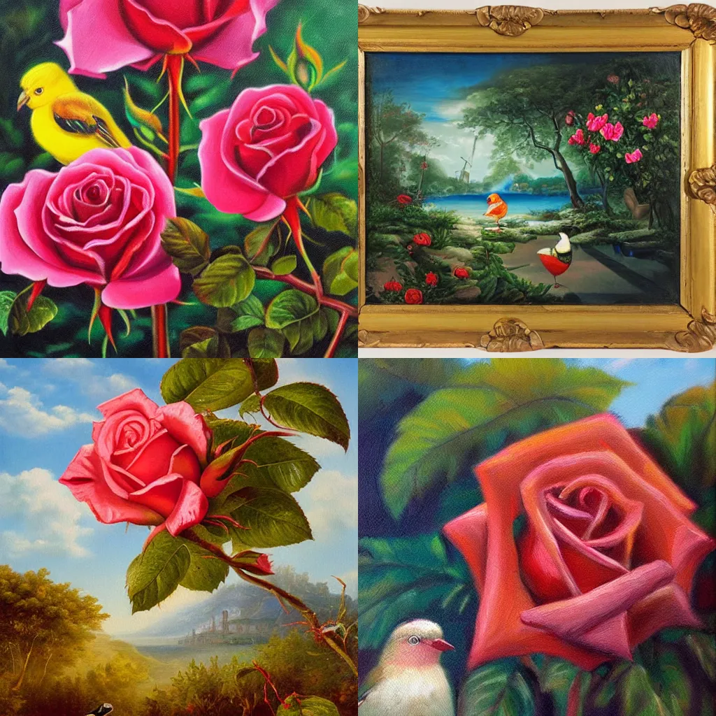 Prompt: A paradise with rose and bird, oil painting, highly detailed