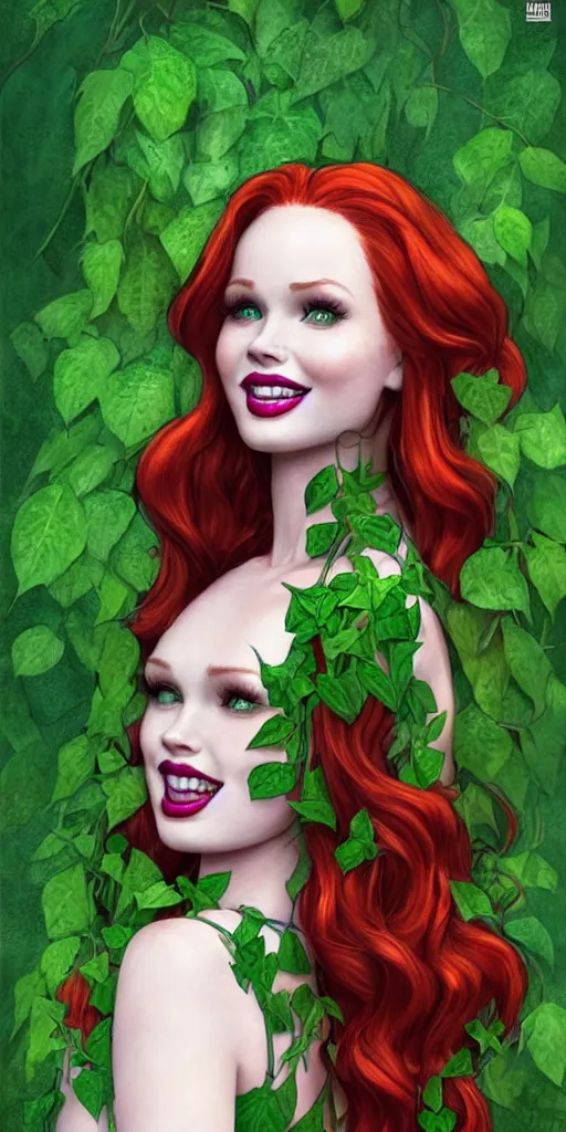 Image similar to beautiful Madelaine Petsch poison ivy DC comics, evil smile, full body green dress, realistic character concept, fun pose, comic book, illustration, slender symmetrical face and body, vines flowers and plants, artstation, cinematic lighting, hyperdetailed, high resolution, Charlie Bowater, Tom Bagshaw, single face, insanely detailed and intricate, beautiful