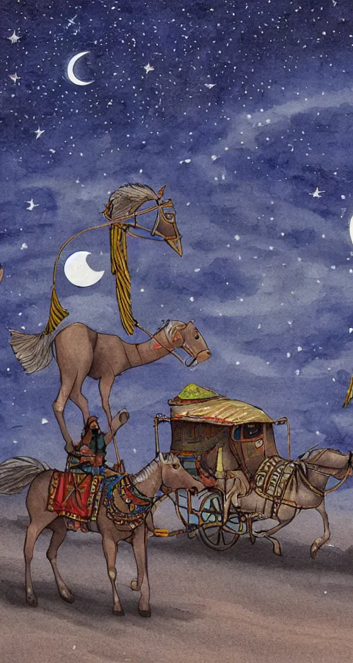 Image similar to an arabian merchant drives his caravan through the desert at night, moon and stars in night sky, stunning, detailed art