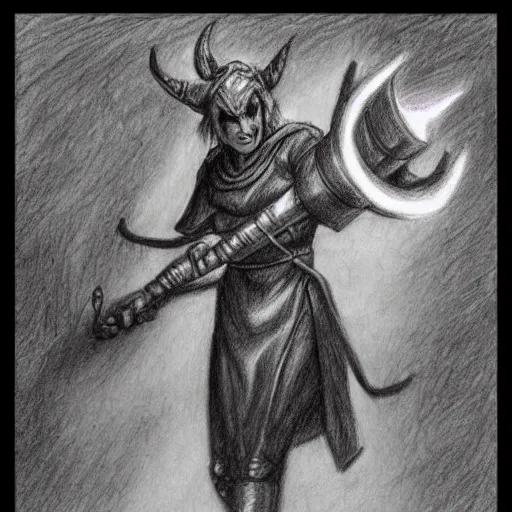 Prompt: Crazy Tiefling with a torch.. Fantasy. Pencil drawing