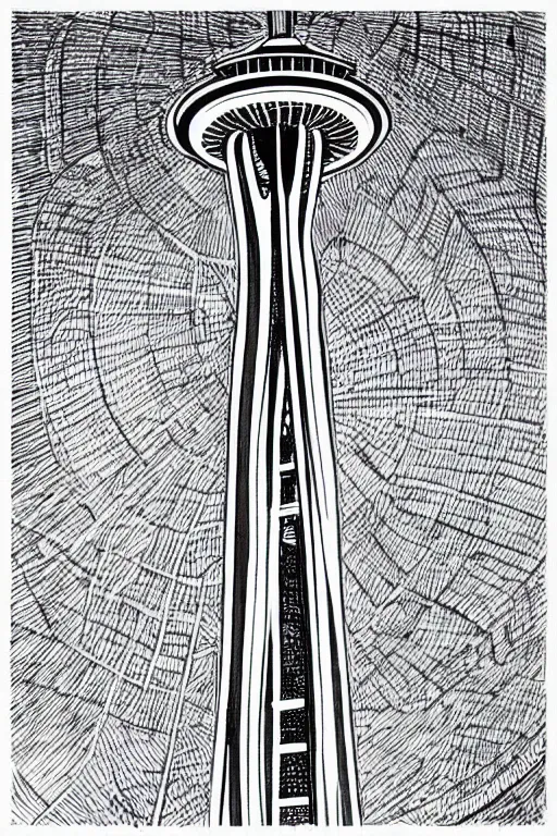 Prompt: space needle in detailed pen and ink drawing style