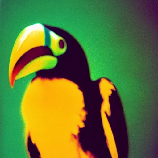 Prompt: close-up shot of a toucan's head wearing sunglasses in the 80s, party, colourful, Polaroid photo, by Andy Warhol