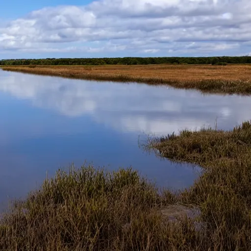 Image similar to a still plain of endless water across the horizon, with a slightly cloudy blue sky above it and reflected within it