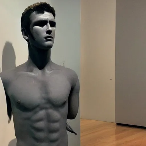 Image similar to “a realistic detailed photo of a guy who is an attractive humanoid who is half robot and half humanoid, who is a male android, actor Liam Hemsworth, shiny skin, posing like a statue, blank stare, at the museum, on display”