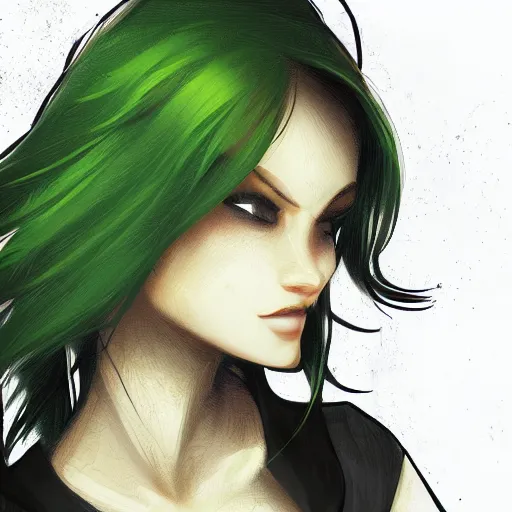 Image similar to long shot of blonde girl in black top clothing with green eyes, digital art, trending on artstation
