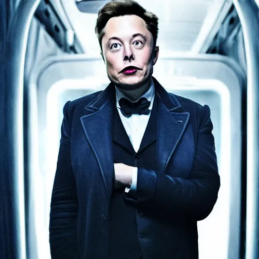 Image similar to elon musk as a rough dirty old man with a scruffy beard in a dark blue trenchcoat as the new doctor who, cinematic, volumetric lighting, f 8 aperture, cinematic eastman 5 3 8 4 film, photorealistic