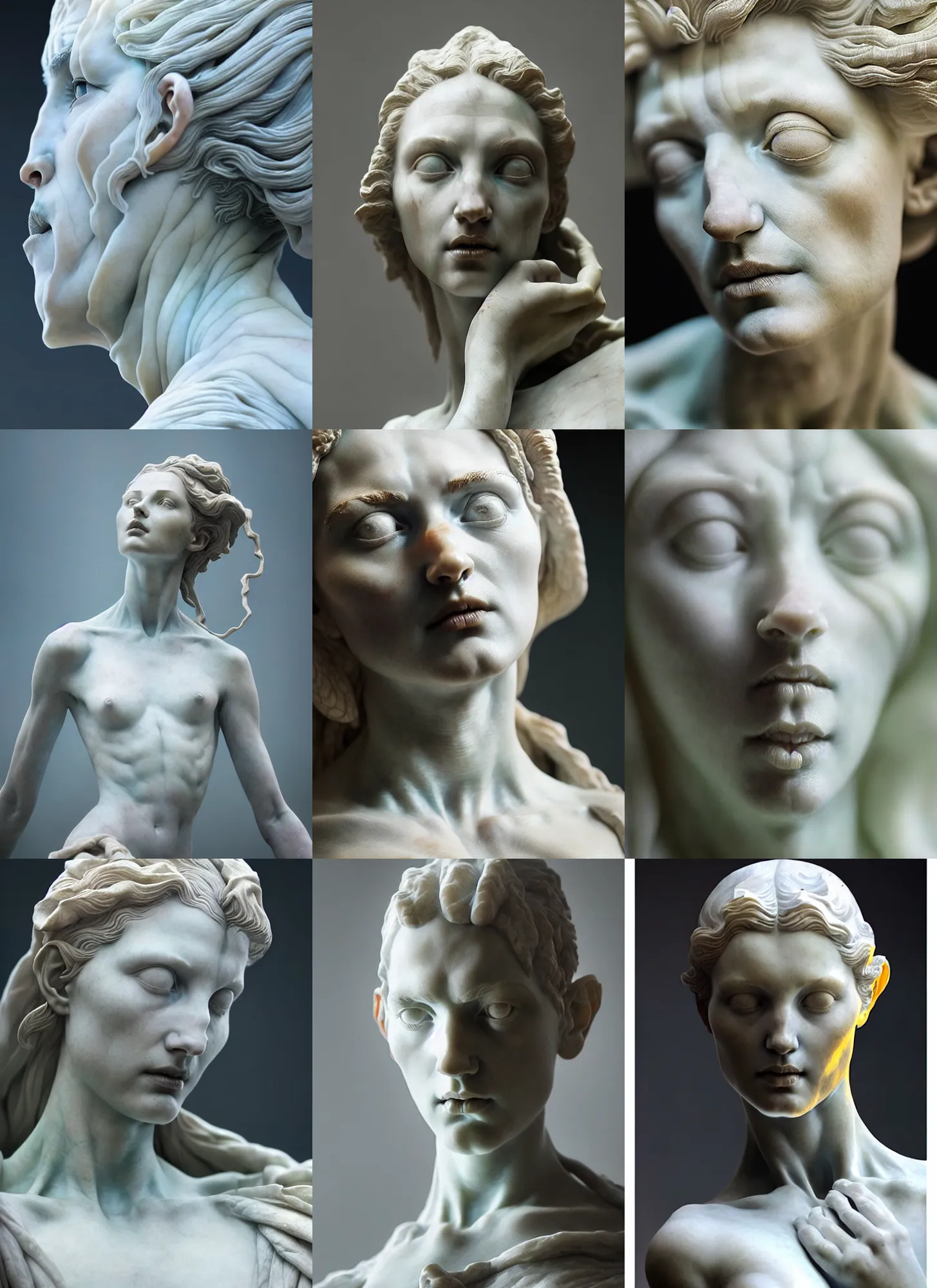 Prompt: beautiful closeup portrait of a ethereal statue of consciousness, marble sculpture by greg rutkowski, josan gonzalez, rodin, michelangelo, cinematography by christopher nolan, imaginative, creative, emotion : madness