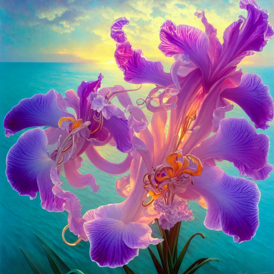 Image similar to detailed giant pastel holographic orchid iris hybrid flower surrounded by ocean waves, lsd water, lsd ripples, droplets, backlit, sunset, refracted lighting, art by collier, albert aublet, krenz cushart, artem demura, alphonse mucha