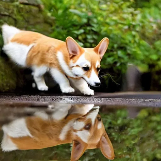 Image similar to a corgi looking at a cat's reflection in a puddle