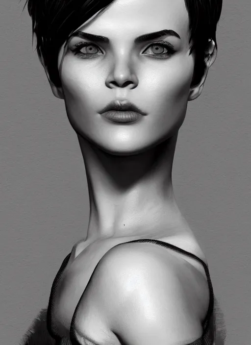 Image similar to up close portrait of a beautiful woman in black and white, photorealistic, pixie cut, intricate hair, upper body, art by diego fazio and diegoKoi and oscar Ukono, concept art, sharp focus, artgerm, 8k highly detailed