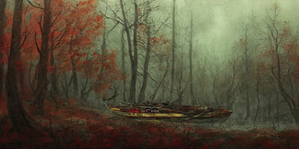 Prompt: an old broken ship in an autumn forest, green and red tones, by Aron Wiesenfeld and beksincki, cinematic, detailed illustration, nature, fog, dark colors, suspense, intricate, 8k