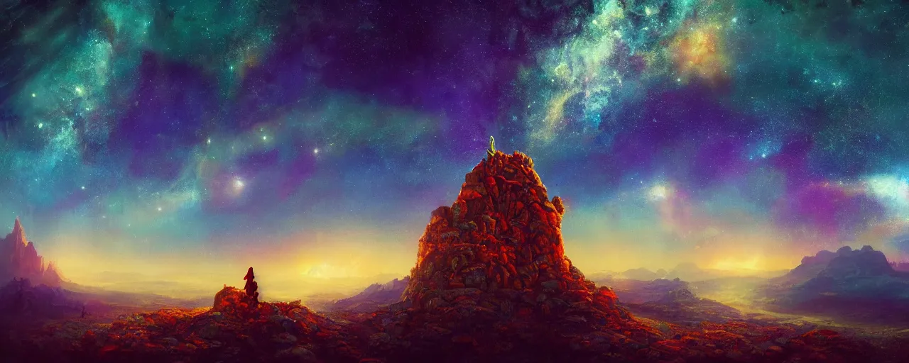 Prompt: top of the holy mountain at night with sky full of stars, [ cinematic, detailed, epic, widescreen, opening, establishing, mattepainting, photorealistic, 4 k, octane render, art by paul lehr ]