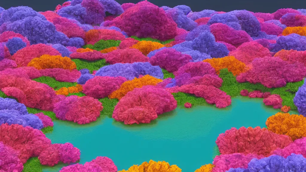 Image similar to digital illustration of a lake full of multi - colored megaflora petunia flowers by dr. seuss, reimagined by ilm and beeple : 1 | spectral color, electric color, rolling hills : 0. 9 | fantasy : 0. 9 | unreal engine, deviantart, artstation, hd, 8 k resolution : 0. 8