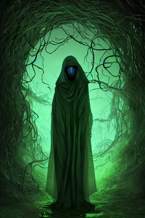 Image similar to A full body portrait of a ghost like character with no face, glowing eyes and a very long hooded dark green cloak made of leaves and vines art by Shaddy Safadi and Jason Chan, ominous, cosmic horror, trending on artstation, Ultra detailed, hyper realistic 4k