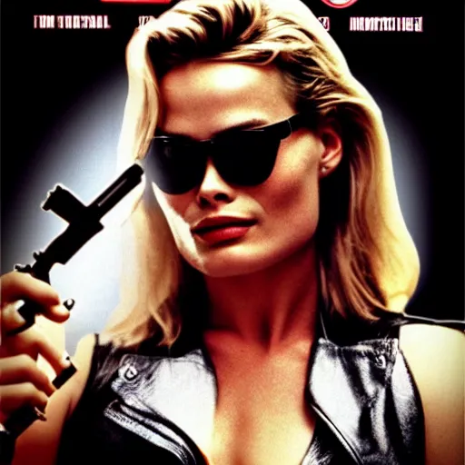 Prompt: model dramatic lighting The Terminator (1984) movie poster margot robbie wearing sunglasses holding a gun photoshoot f/1.4 14mm