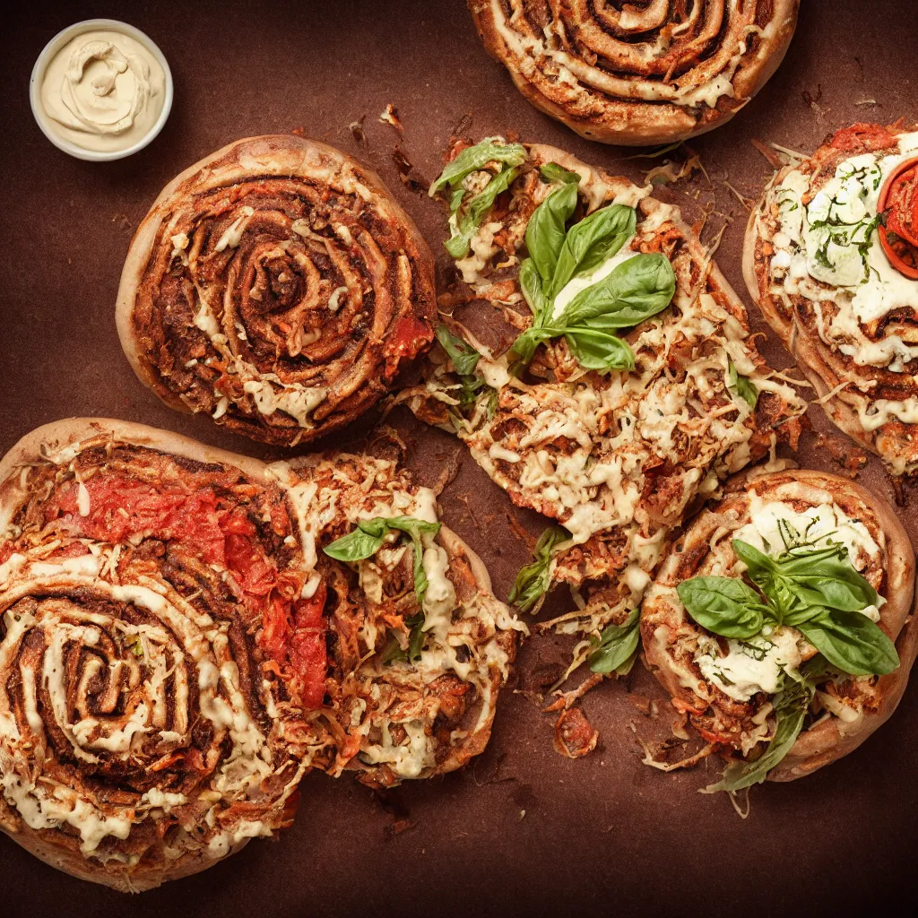 Image similar to a photo of a vegan doner with pizza taste and halapeno mayo, in the shape of a cinnamon roll, in the style of hr giger, octane render, 8 k