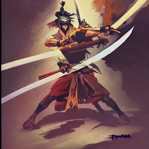 Image similar to samurai by frank frazetta, wielding a glowing magical katana, dynamic pose, eastern influences, fantasy, very detailed, dungeons & dragons, sharp focus, striking, artstation contest winner, detailed