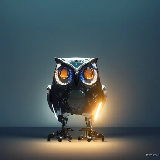 Prompt: a robotic owl, back lit, rim lighting, volumetric lighting, imposing, uneasy, cinematic, dramatic lighting, ray tracing, Arthur Rackham, 4k,8k, octane