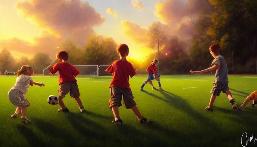 Image similar to beautiful painting of backyard football field with a pair of playing children during sunset, wide shot, digital painting, intricate details, trending on artstation, concept art, octane render, realistic, highly detailed, smooth, sharp focus, beautiful, 4 k, 8 k, hd, art by charlie bowater and artgerm and greg rutkowski