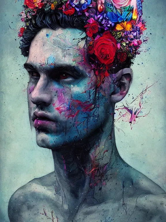 Prompt: art portrait of man with flower crown,by tristan eaton,Stanley Artgermm,Tom Bagshaw,Greg Rutkowski,Carne Griffiths,trending on DeviantArt,face enhance,chillwave,minimalist,cybernetic, android, blade runner,futuristic,full of colour,