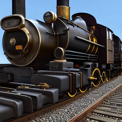 Image similar to a steam engine on a railroad, highly detailed, photorealistic portrait, bright studio setting, studio lighting, crisp quality and light reflections, unreal engine 5 quality render