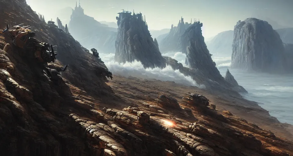 Image similar to hyper realistic sci - fi matte concept art painting of mecha on a cliff overlooking a raging battle, beautiful details, strong composition painted by kim jung guweta studio rutkowski, james gurney and greg rutkowski, and lucasfilm, smooth, intricate, detailed, sharp focus, cinematic