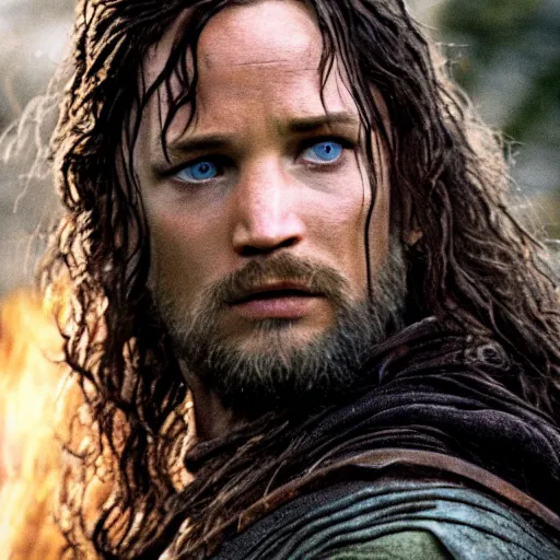 Image similar to first photos of female lotr, jennifer lawrence as aragorn, megan fox as aragorn and florence pugh as gimli, ( eos 5 ds r, iso 1 0 0, f / 8, 1 / 1 2 5, 8 4 mm, postprocessed, crisp face, facial features )