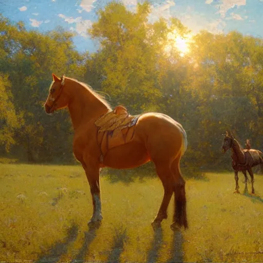 Image similar to detailed wide shot of horse in the field, spring light, painting by gaston bussiere, craig mullins, j. c. leyendecker