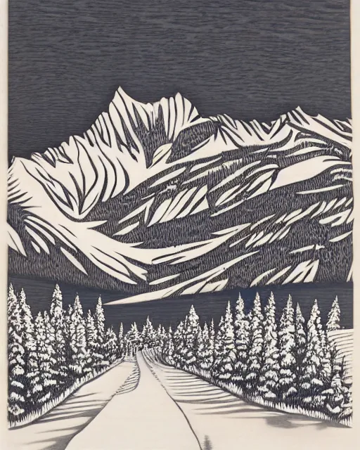 Image similar to an award winning Wood engraving on paper of Canadian mountains