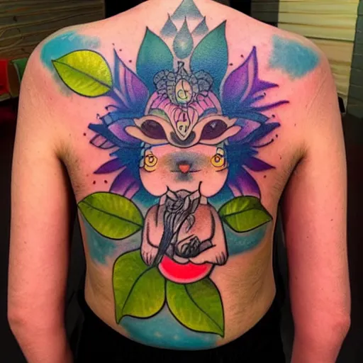 Image similar to shoulder tattoo of a meditating cute bush baby, eyes are sparkeling rainbow spirals, glowing multicolored chakra symbols, surrounded with colorful lotus leaves, insanely integrate