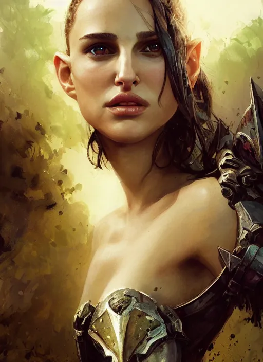 Image similar to young natalie portman, legendary warrior, warframe, lord of the rings, tattoos, decorative ornaments, battle armor, carl spitzweg, ismail inceoglu, vdragan bibin, hans thoma, greg rutkowski, alexandros pyromallis, cute, perfect face, detailed, sharply focused, centered, rule of thirds, photorealistic shading