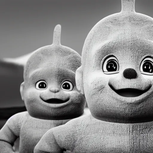 Image similar to black and white distorted Teletubbies with wide open human realistic eyes, highly detailed, sharp focus, octane render