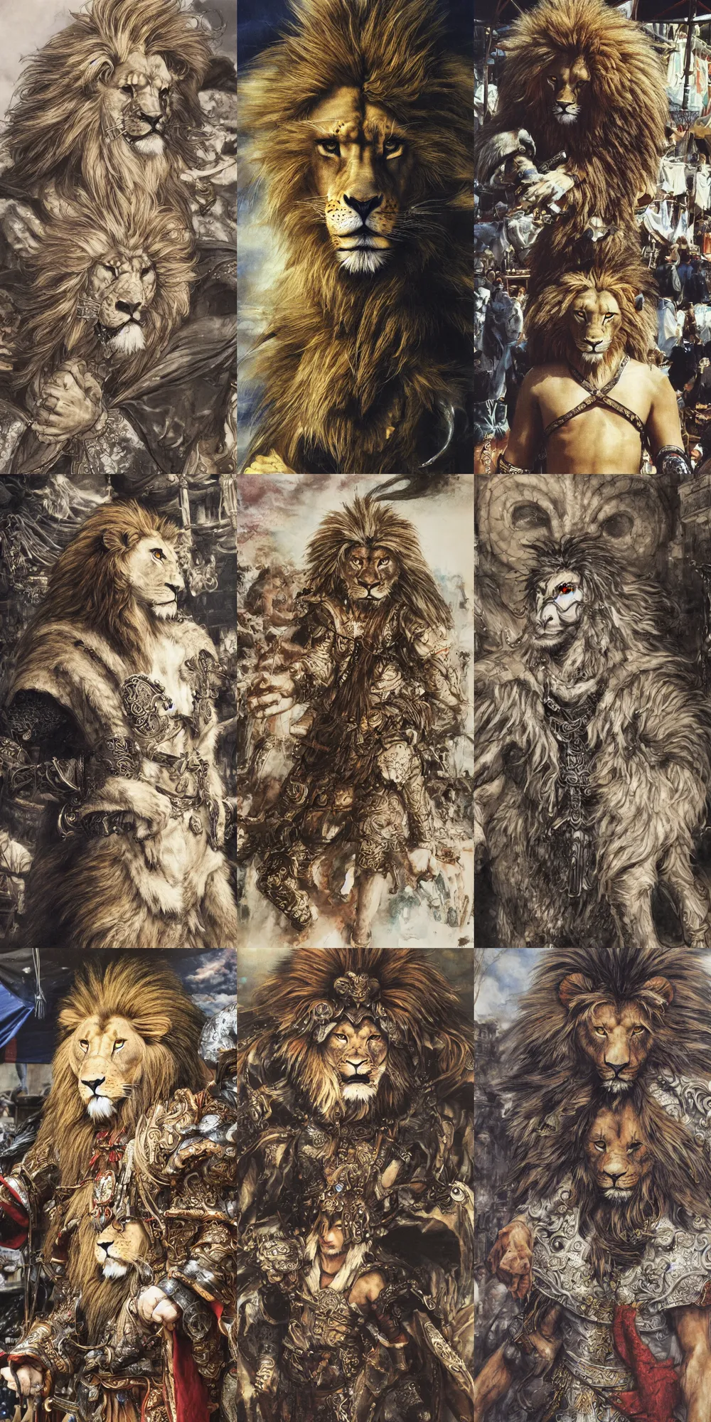 Image similar to 8 k yoshitaka amano painting of upper body of a young cool looking lion beastman with white mane at a medieval market at windy day. depth of field. he is wearing complex fantasy clothing. he has huge paws. renaissance style lighting.