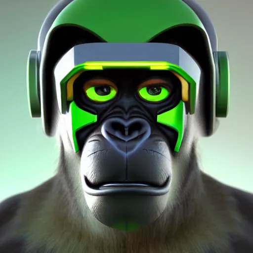 Image similar to stylized character portrait, of a cyborg chimpanzee super soldier with a green visor, artstation, octane engine, professional art