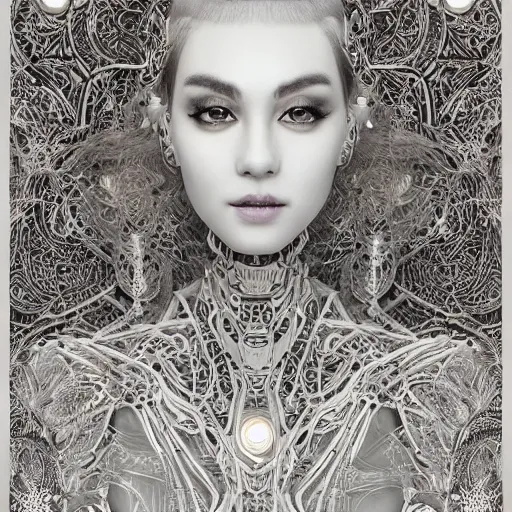 Image similar to the portrait of an absurdly graceful, sophisticated, fashionable ottomanpunk robotess idol, an ultrafine hyperdetailed illustration by kim jisu, intricate linework, neon wiring, porcelain skin, unreal engine 5 highly rendered, global illumination, radiant light, detailed and intricate environment, by rutkowski, artgerm