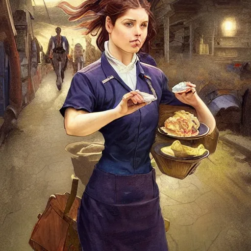 Image similar to epic portrait an muscular waitress wearing short sleeved uniform and carrying food, digital painting, artstation, concept art, soft light, hdri, smooth, sharp focus, illustration, fantasy, intricate, elegant, highly detailed, D&D, matte painting, in the style of Greg Rutkowski and Alphonse Mucha and artemisia, 8k, highly detailed, jurgens, rutkowski, bouguereau, pastoral, rustic, georgic, detailed concept art, illustration, colorful pastel, painting, detail, ultra detailed, digital art, 4K,