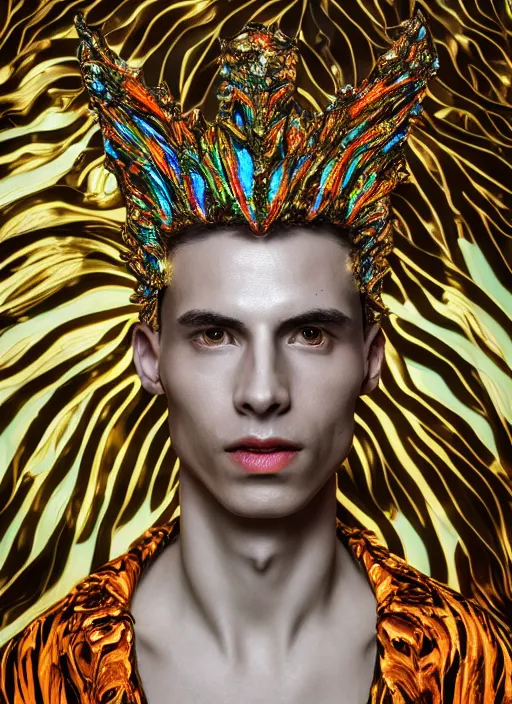 Image similar to photo of baroque and bladerunner delicate neon emerald sculpture of seductive king adrien sahores tigers orange iridescent humanoid deity wearing metallic jungle leaves holding the sun prismatic dungeon, glowing rainbow face, crown of white diamonds, cinematic lighting, photorealistic, octane render 8 k depth of field 3 d